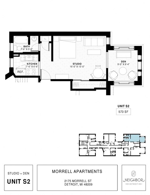 Floor plan for studio, 1 bath, 573 sqft